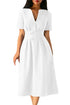 White Split Neck Short Sleeve Midi Dress with Bowknots